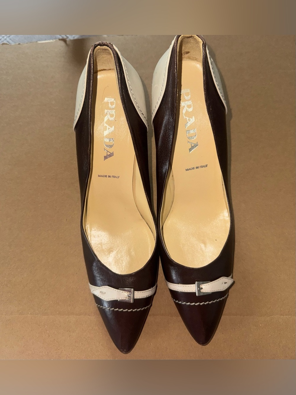 Prada women’s pumps in brown and cream color size 8.1/2